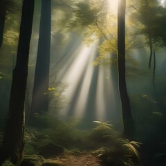 A dense, misty forest with sunlight filtering through the canopy2