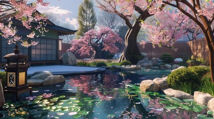 tranquil Japanese-inspired garden featuring elegant cherry blossoms in bloom, evoking a sense of serenity and contemplation.