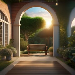 A peaceful garden with a wooden bench and a view of the sunset3 - obrazy, fototapety, plakaty