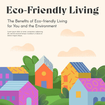 Eco-friendly living brochure concept with houses,hills and trees.Web page design template with village in the spring or summer.Vector layout for real estate website,prints,flyers,banners