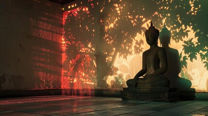 serene temple courtyard with the silhouette of a Buddha statue projected onto a sunlit wall, creating a moment of quiet contemplation and reverence.