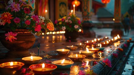 serene temple courtyard adorned with flickering candlelight and colorful flower offerings, marking the auspicious occasion of Vesak Day.