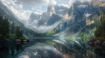 serene mountain lake nestled among towering peaks, reflecting the beauty of the surrounding landscape - obrazy, fototapety, plakaty