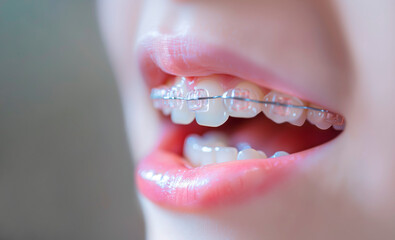 close up of a mouth of a child with brackets or braces, child dental prosthesis in the gum or upper jaw, copy space, horizontal - obrazy, fototapety, plakaty