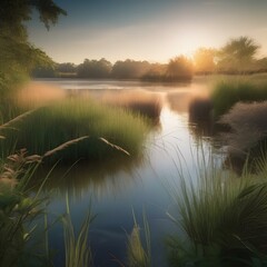 A tranquil pond surrounded by tall grasses and reeds4 - obrazy, fototapety, plakaty