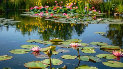 picturesque landscape featuring a tranquil pond surrounded by water lilies in bloom, reflecting the timeless allure of botanical gardens.
