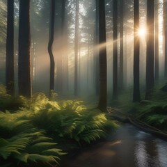 A dense, misty forest with sunlight filtering through the canopy5