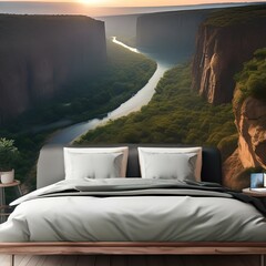 A panoramic view of a canyon with towering cliffs and a winding river below5 - obrazy, fototapety, plakaty