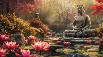 peaceful garden setting with a serene Buddha statue and lotus flowers in full bloom, illustrating the interconnectedness of enlightenment and the natural world.