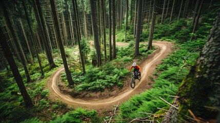 mountain biker navigating a winding trail through dense forest in an exhilarating outdoor adventure