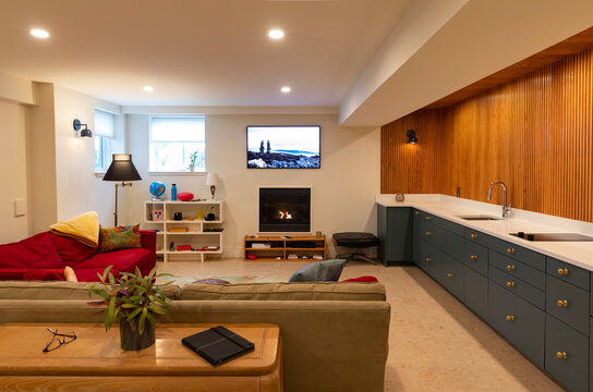 Vertical Wood Paneling in Modern Home  basement renovation 