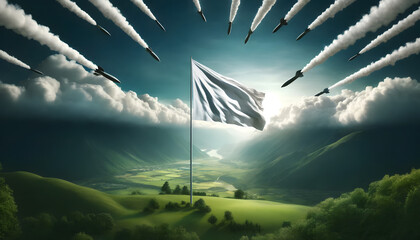 Under Siege: Missiles Closing in on a Lone White Flag - obrazy, fototapety, plakaty