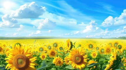 Fototapeta premium idyllic countryside scene with fields of sunflowers stretching to the horizon, radiating warmth and joy under a clear blue sky.