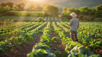 idyllic scene of a farmer tending to rows of vibrant vegetables in a sun-drenched field, embodying the beauty of sustainable agriculture. - obrazy, fototapety, plakaty