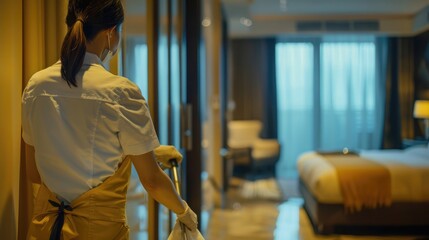 housekeeping staff member cleaning and tidying a hotel room with meticulous care