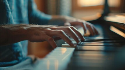 A candid snapshot of a musician in their homestudio captured in the midst of a moment of inspiration. Their eyes are closed and their fingers are flying across the keys of their piano . - obrazy, fototapety, plakaty
