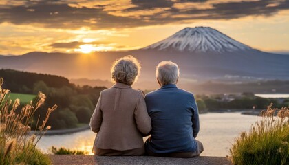 A mature older couple with grey hair sitting outdoors watching the sunset over a lake with a mountain in the background. 