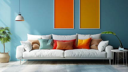 Interior poster mock up living room with colorful white sofa . 3D rendering. , realistic interior design