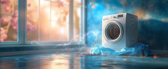 Washing machine in a clean room with hud and flying clothes design as wide banner with copy space area