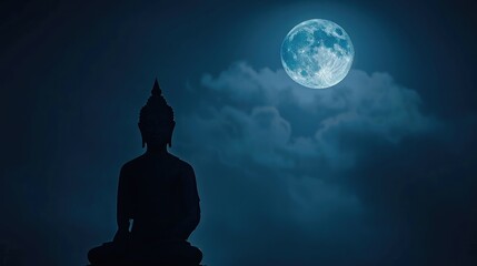 elegant silhouette of a Buddha statue against a glowing moonlit sky, symbolizing the eternal wisdom and enlightenment of the Buddha's teachings.