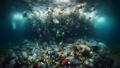 Obraz na płótnie Canvas Underwater Crisis: Vast Swaths of Plastic Waste Polluting the Ocean Depths