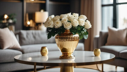Golden vase with white flowers in an elegant room, ai