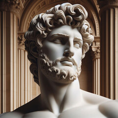 Portrait of a plaster statue of Apollo isolated on black. Gypsum statue of Apollo's bust. Greek god statue. Male statue of a Roman deity, muscular Apollo in Olympus.