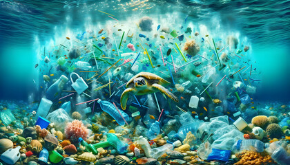 Underwater Crisis: Vast Swaths of Plastic Waste Polluting the Ocean Depths - obrazy, fototapety, plakaty