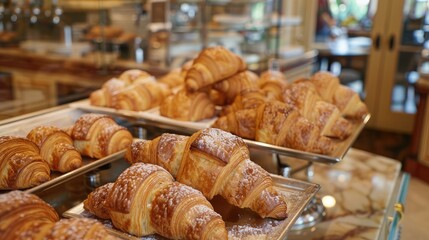 display case filled with artisanal pastries and croissants at a charming bakery shop