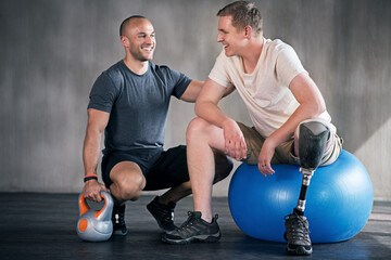 Physiotherapy, kettlebell and man with disability for training, fitness and muscle strength with...