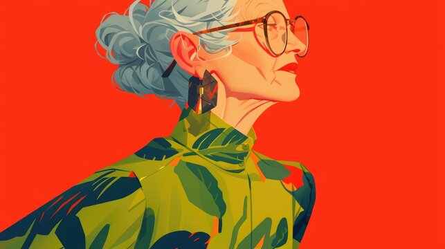 2d illustration of an elegant senior woman wearing glasses and a vibrant green blouse