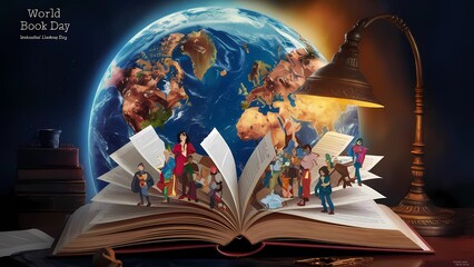 Earth on Open Book Background, World Book Day, International Literacy Day.