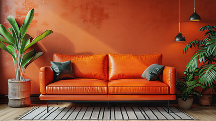 Living room have orange leather sofa and decoration minimal on two tone wall.3d rendering, realistic interior design