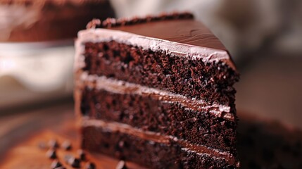 close-up of a delicious slice of layered chocolate cake with ganache frosting - obrazy, fototapety, plakaty