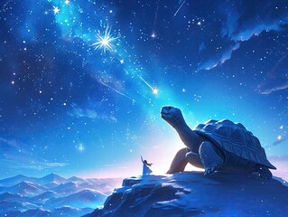 A cartoon giant tortoise gazing up at a starry night sky, a sense of wonder and awe in its eyes ,...