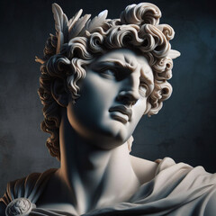 Portrait of a plaster statue of Apollo isolated on black. Gypsum statue of Apollo's bust. Greek god statue. Male statue of a Roman deity, muscular Apollo in Olympus.