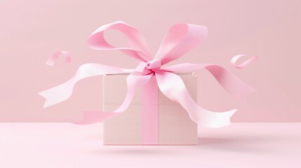 White gift box with pink bow and confetti on a pink background