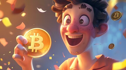 Whimsical Bitcoin Celebration: Animated Character Embraces Digital Currency