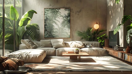 Living room interior with plants and stylish furniture, realistic interior design