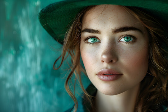 Portrait of a beautiful young woman wearing a leprechaun hat for St. Patrick's Day celebration.