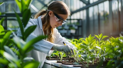 In a greenhouse a team of engineers use precision tools to carefully tend to a variety of plants each chosen for their potential to produce biofuels. They take notes and make observations .