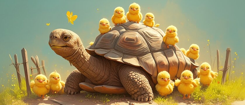 A giant cartoon tortoise using its shell as a slide for a group of happy baby birds , 3d style