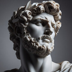 Portrait of a plaster statue of Apollo isolated on black. Gypsum statue of Apollo's bust. Greek god statue. Male statue of a Roman deity, muscular Apollo in Olympus.