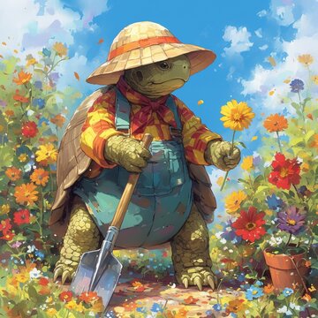 Gardening Enthusiast The tortoise is tending to a vibrant garden full of exotic flowers and plants , close-up