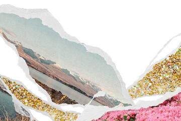 Surreal landscape png border, ripped paper collage art transparent background