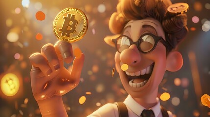 Joyous Bitcoin Victory: Stylized Character Embraces Cryptocurrency Revolution