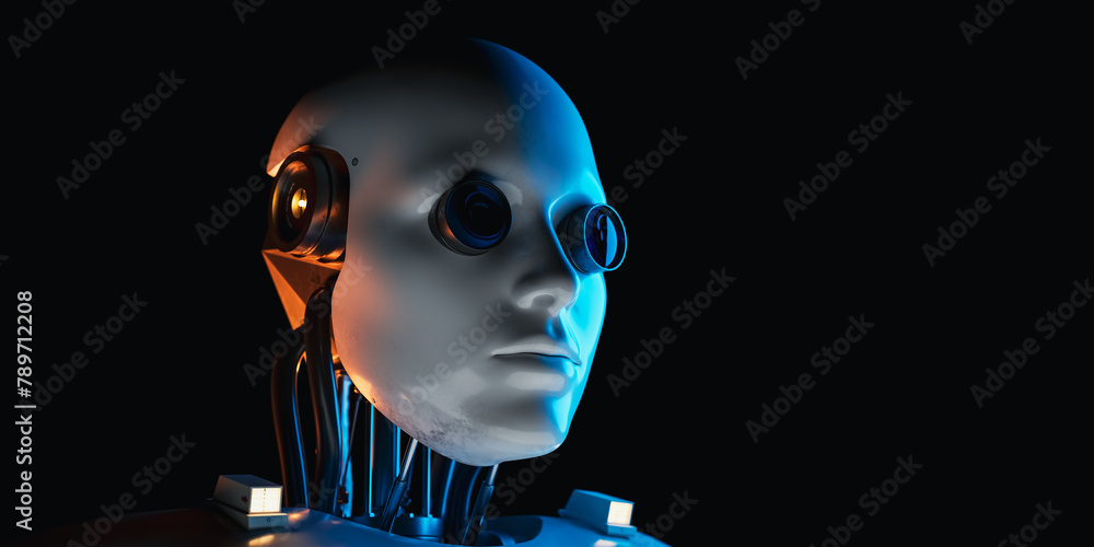 Poster ai humanoid robot concept face. 3d rendering