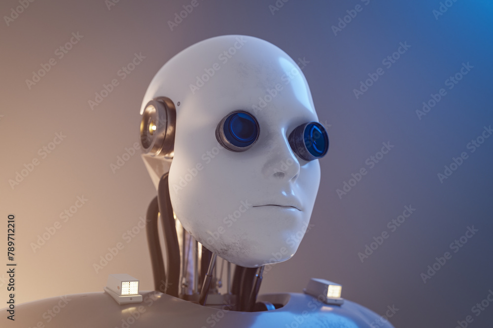 Poster ai humanoid robot concept face. 3d rendering