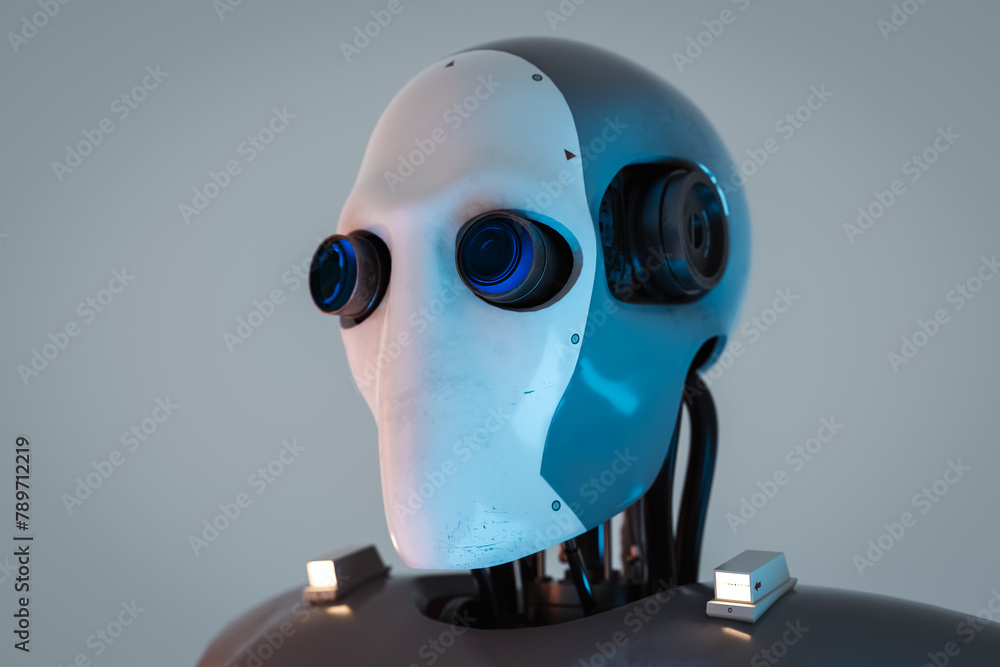 Poster ai humanoid robot concept face. 3d rendering