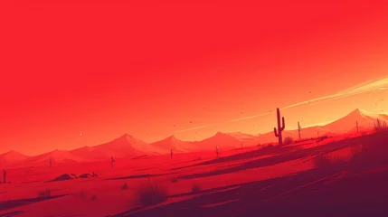 Schilderijen op glas The red desert sands stretch as far as the eye can see adorned with the iconic cacti that thrive in this barren landscape And as the sun dips low on the horizon casting a crimson hue over t © AkuAku